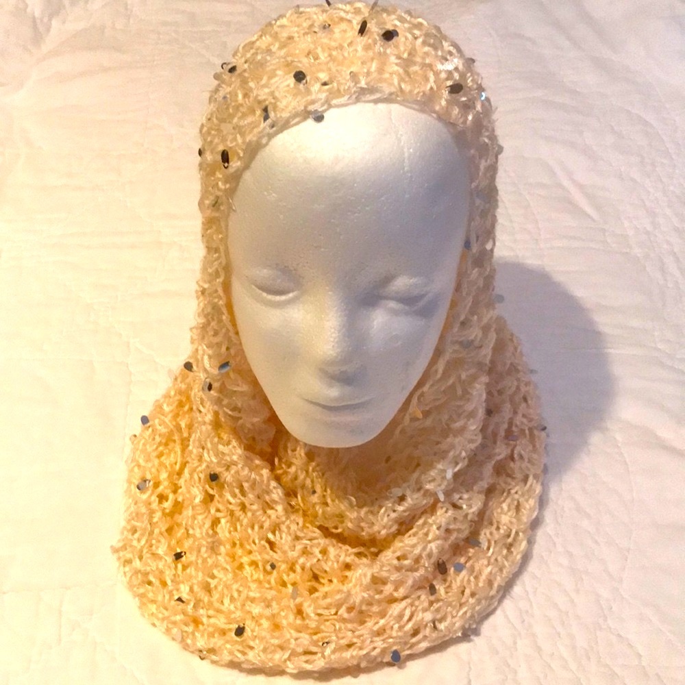 Handcrafted Crocheted Infinity Scarf Ecru with Shiny Golden Paiettes